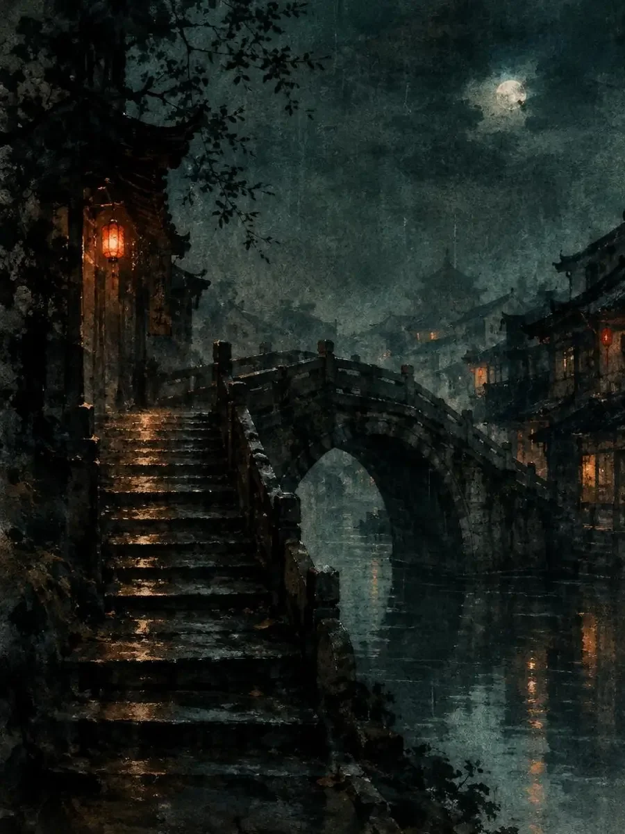 石桥第七阶：石桥第七阶：夜雨中泛着微光的古镇石阶