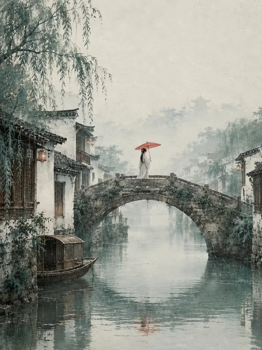 桥南的纸伞：桥南的纸伞：细雨石桥上撑红纸伞的修伞姑娘