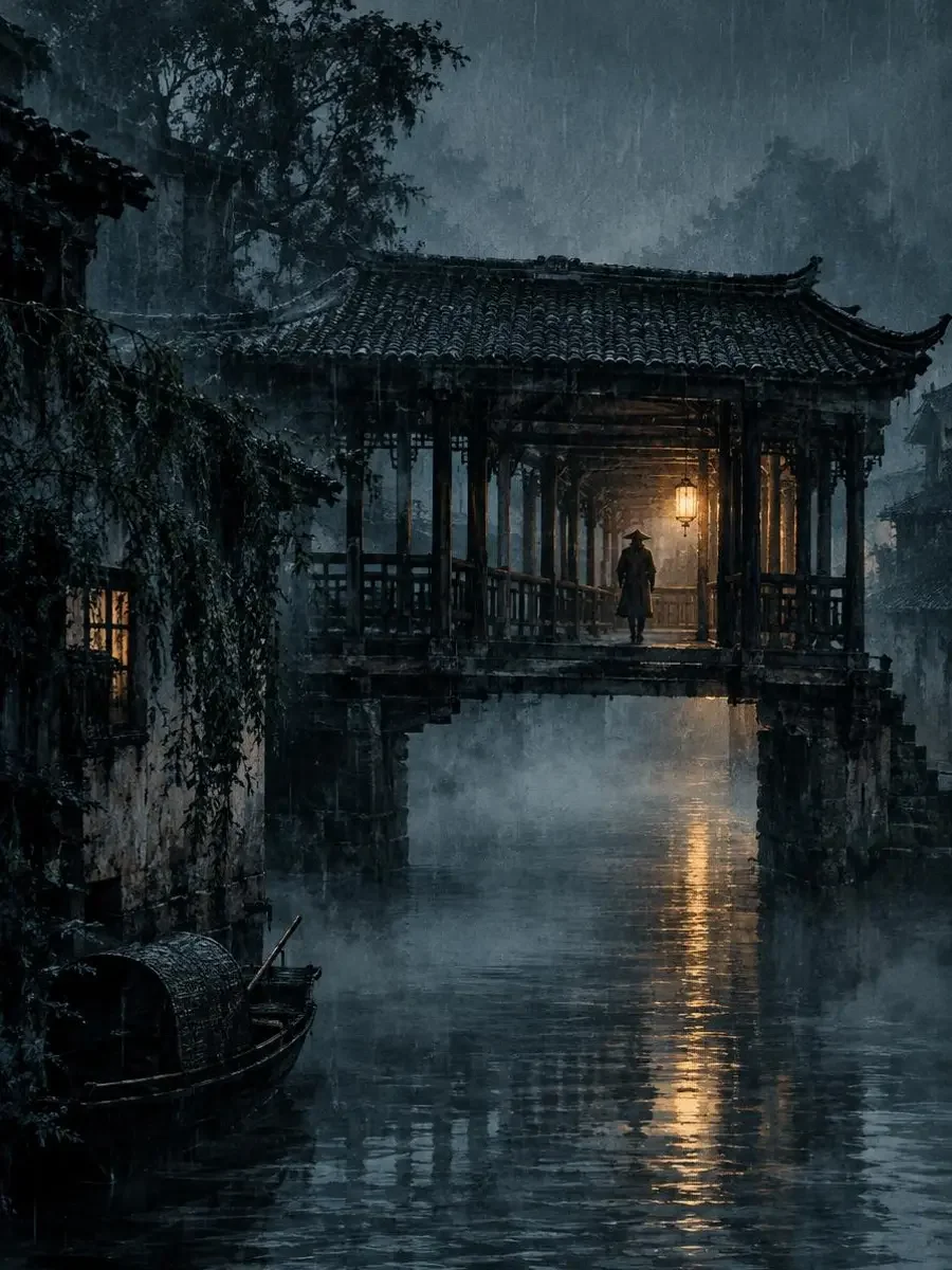 雨夜廊桥：雨夜廊桥：雨幕中廊桥尽头一盏孤灯