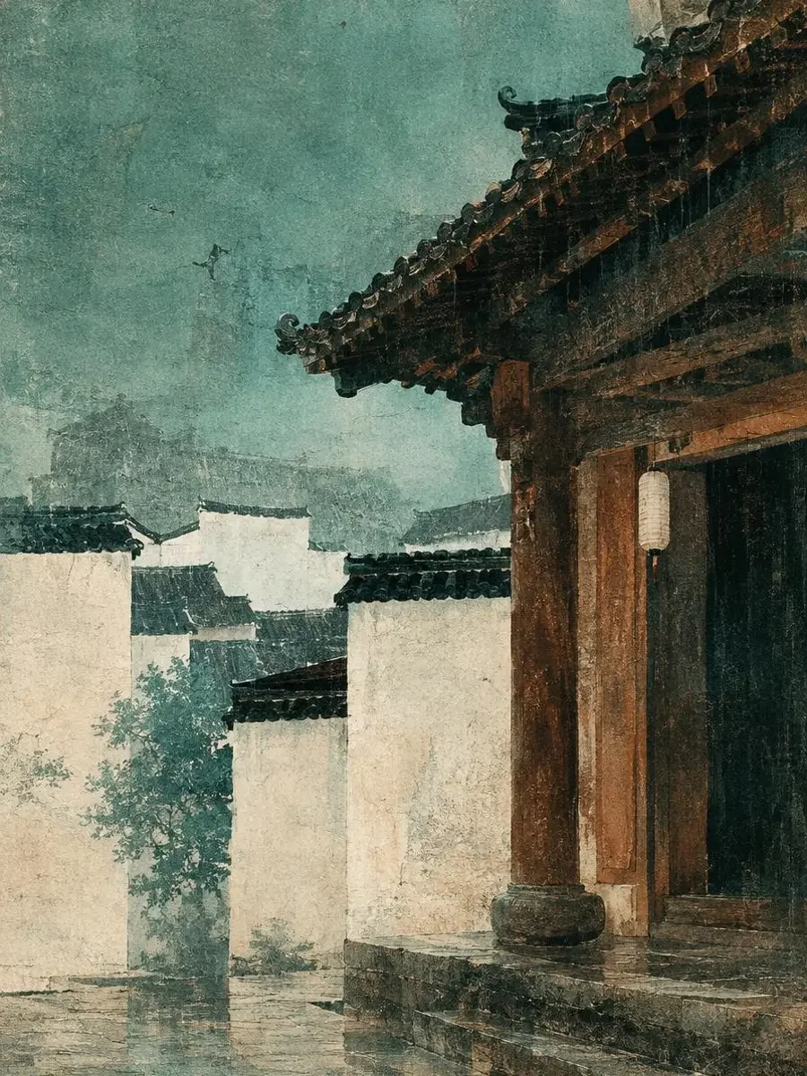 白墙黑瓦：烟雨中白墙黑瓦的老祠堂